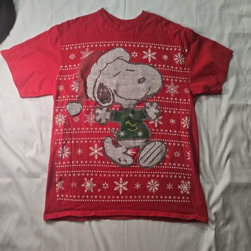 Peanuts Snoopy Christmas Red Men's Cotton T-Shirt Crew Neck Size L